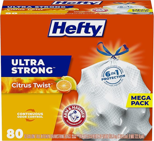 Hefty Ultra Strong 13 Gallon Trash Bags, Tall Kitchen Trash Bags 13 Gallon Size, Drawstring Closure, Continuous Odor Control, White, Citrus Twist Scent, 80 Bags by Hefty