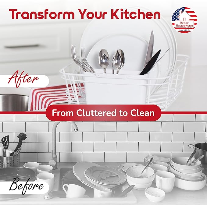 Better Houseware Dish Drying Rack, Space-Saving Dish Drainer Rack for Kitchen Counter, Coated Steel Kitchen Dish Strainer 2-Piece Set with Utensil Holder, White - Image 4