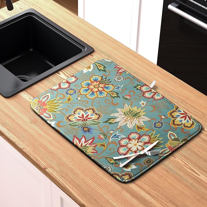 Boho Floral Kitchen Dish Drying Mat for Dishes 16x18 Inch Vintage Mandala Colorful Flowers Drying Mat Green Bohemian Dish Drainer Mat Super Absorbent Dish Rack Pad for Coffee Bar Sinks - Image 6
