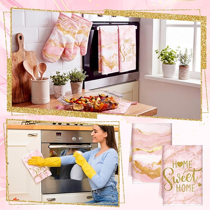 Bencailor Light Pink 6 Pcs Marble Kitchen Decor Gold Pot Holders Oven Mitts 2 Dish Towels 2 Farmhouse Cooking Mittens Oven Glove and Potholder for Baking Cooking Grilling Supply Accessories