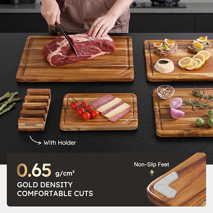 4 Pack Teak Wood Cutting Board Set for Kitchen Heavy Duty Non Toxic Non Slip Solid Thick Wood Haus Chopping Board Extra Large Big Small Meat Best Non Toxic Kitchen Essential House Warming Hostess Gift - Image 6