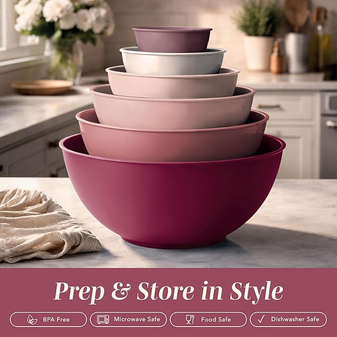 COOK WITH COLOR Mixing Bowls with Lids - 12 Piece Plastic Nesting Bowls Set includes 6 Prep Bowls and 6 Lids, Microwave Safe Mixing Bowl Set, Rose TPR Lid - Image 3