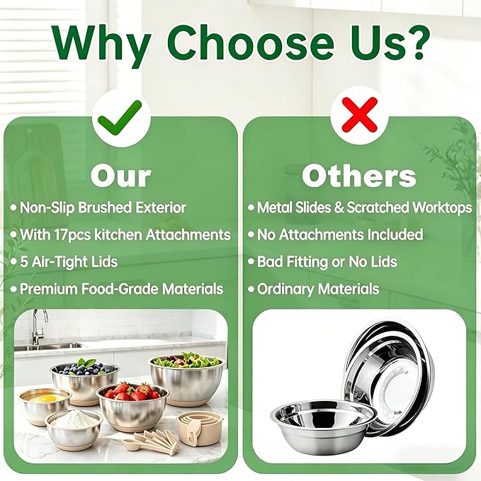 Deedro Premium Mixing Bowls with Airtight Lids Set, 22Pcs Thicker Stainless Steel Mixing Bowl Set, Large Prep Metal Bowls, Non-Slip Silicone Base Nesting Bowls for Kitchen, 1.5/2/3/4/5 QT, Khaki - Image 4