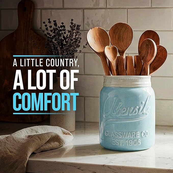 Comfify Wide Mouth Mason Jar Utensil Holder Decorative Kitchenware Organizer Crock, Dishwasher Safe - Kitchen Caddy Aqua Blue for Countertop, Large Size 7" Hight - Image 8