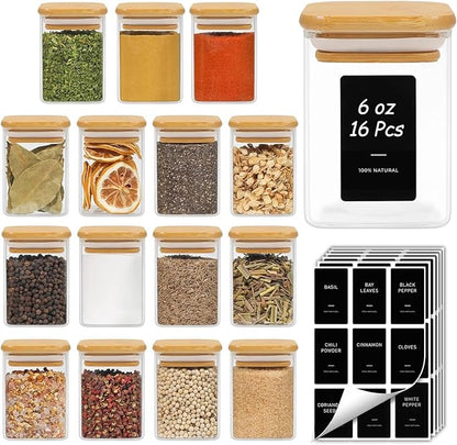 ComSaf 16Pcs Spice Jars with Labels, Glass Jar with Bamboo Lid, 6oz Airtight Square Containers with Black Lables, Empty Seasoning Jars for Spice, Salt, Pepper, Sugar by ComSaf