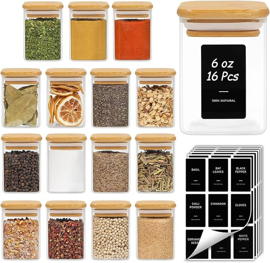 ComSaf 16Pcs Spice Jars with Labels, Glass Jar with Bamboo Lid, 6oz Airtight Square Containers with Black Lables, Empty Seasoning Jars for Spice, Salt, Pepper, Sugar by ComSaf