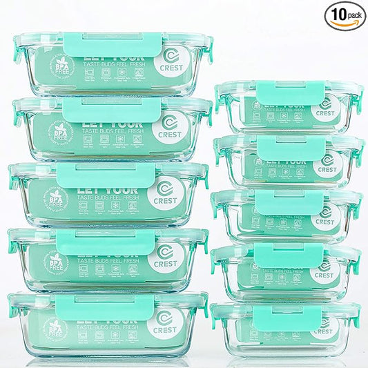C CREST [10-Pack] Glass Food Storage Containers with Lids, Airtight, BPA Free, Meal Prep Containers for Kitchen, Home Use by CCREST