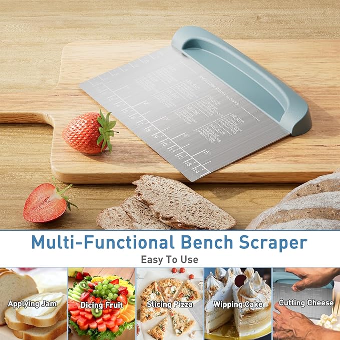 2 IN 1 Upgrade Bench Scraper, Dough Scraper for Pastry Bread Cake Pizza, Stainless Steel Dough Cutter with Conversion Chart & Measuring Scale, Bowl Scraper Food Scraper for Kitchen Baking, Blue - Image 3