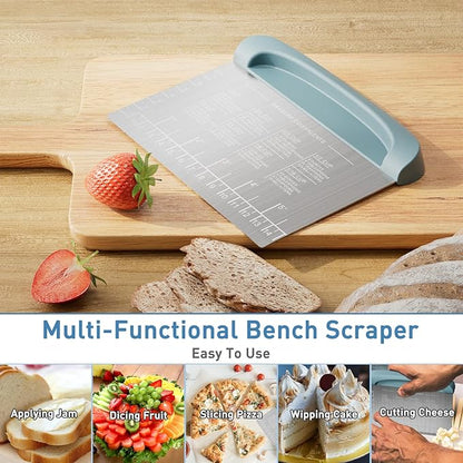 2 IN 1 Upgrade Bench Scraper, Dough Scraper for Pastry Bread Cake Pizza, Stainless Steel Dough Cutter with Conversion Chart & Measuring Scale, Bowl Scraper Food Scraper for Kitchen Baking, Blue - Image 3