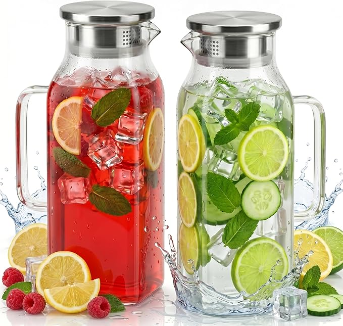 2 Pack Square Glass Pitcher with Lid and Handle, 68oz 2 Liter Borosilicate Glass Water Pitcher for Fridge, Heat Resistant Iced Tea Pitcher, Glass Carafe for Hot Cold Beverages Juice Lemonade