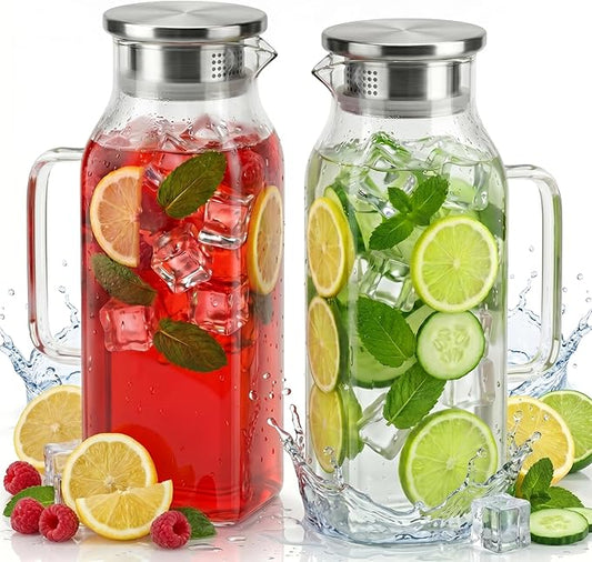 2 Pack Square Glass Pitcher with Lid and Handle, 68oz 2 Liter Borosilicate Glass Water Pitcher for Fridge, Heat Resistant Iced Tea Pitcher, Glass Carafe for Hot Cold Beverages Juice Lemonade