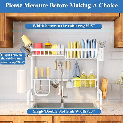 Over The Sink Dish Drying Rack, Adjustable (25.5 to 36.5 inch) 2 Tier Metal Steel Dish Drying Racks for Kitchen Counter with Hooks Paper Towel Utensil Cup Holder Sink Caddy (White) - Image 8