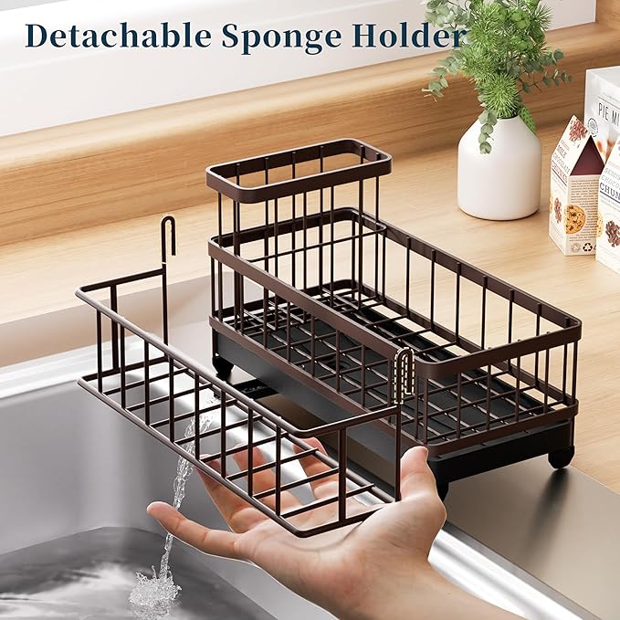 Consumest Sponge Holder for Kitchen Sink - Auto Draining Sink Caddy Organizer with Detachable Rack, High Brush Holder, Kitchen Countertop Storage Accessories, Bronze - Image 4