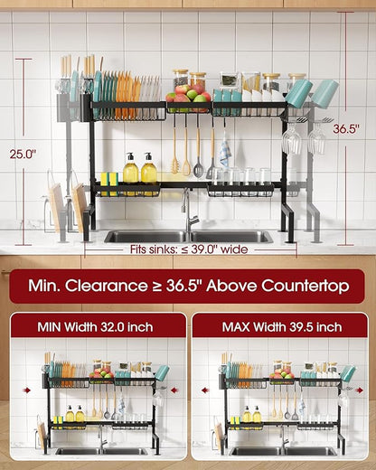 Sakugi Over The Sink Dish Drying Rack - Adjustable 2 Tier X-Large Capacity Stainless Steel Drainer with Cutlery & Utensil Holders, Kitchen Storage & Organization, 32"-39.5" L x 12" W x 25" H, Black - Image 3