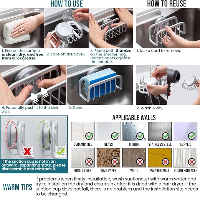 TAILI Sponge Holder for Kitchen Sink with Strong Suction Cup, Removable Sponge Holder, Rustproof Aluminum Sink Caddy for Sponges, Dish Brush - Silver - Image 4