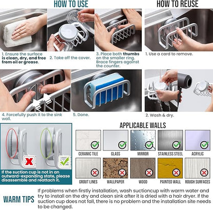 TAILI Sponge Holder for Kitchen Sink with Strong Suction Cup, Removable Sponge Holder, Rustproof Aluminum Sink Caddy for Sponges, Dish Brush - Silver - Image 4