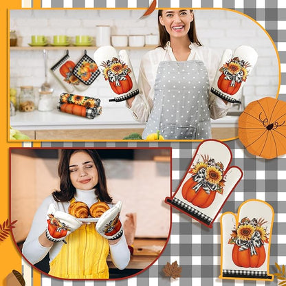 Fanfanwin 10 Pcs Thanksgiving Pumpkin Kitchen Decor Set Kitchen Towels Pot Holders Oven Mitts and Rugs Set Thanksgiving Decor for Baking Cooking BBQ Autumn Home