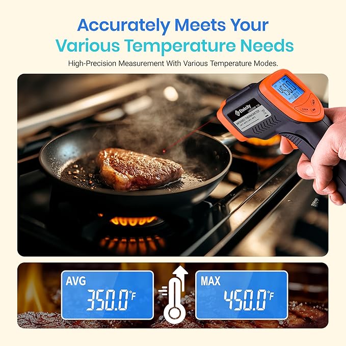 Etekcity Infrared Thermometer Laser Temperature Gun 774, Meat Food Candy Oven Thermometer for Griddle Accessories, Heat Gun for Cooking Refrigerator Tools, Adjustable Emissivity & Max Measure, Orange - Image 6