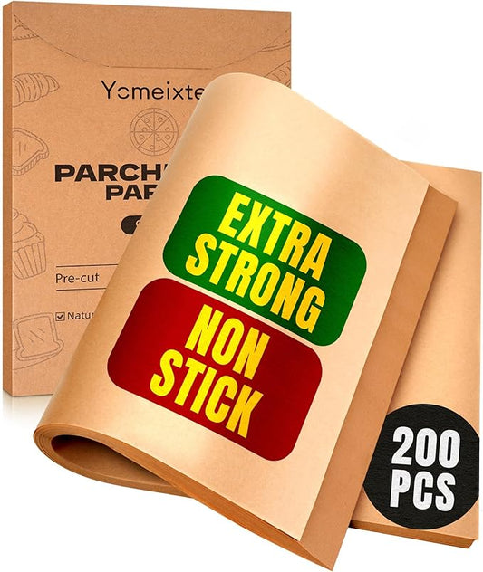 Parchment Paper Sheets 12x16 Inch |200-Pack Unbleached Natural Brown Baking Paper for Oven, Air Fryer & Grilling | Precut, Non-Stick, Greaseproof Half Sheet Pan Liners by Yomeixte