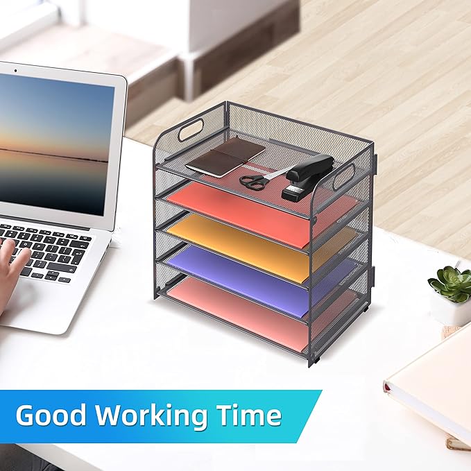 Supeasy 5 Trays Paper Organizer Letter Tray with Handle-Mesh Desk File Organizer, Grey Paper Sorter Desk Organizer for Office, Home or School - Image 2