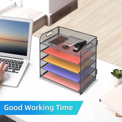 Supeasy 5 Trays Paper Organizer Letter Tray with Handle-Mesh Desk File Organizer, Grey Paper Sorter Desk Organizer for Office, Home or School - Image 2