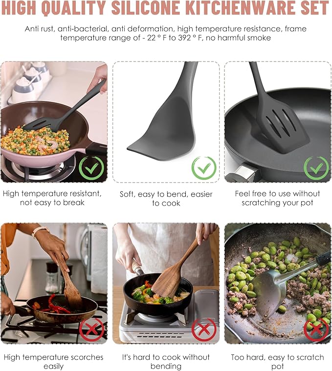 Kitchen Utensils Set-12 Pieces Silicone Cooking Utensils Set (Dishwasher Safe) 392°F Heat Resistant Spatula Set, Nonstick Cookware - Image 3