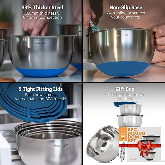 Priority Chef Premium Mixing Bowls With Airtight Lids Set, Thicker Stainless Steel Mixing Bowl Set, Large Prep Metal Bowls with Lids, Nesting Bowls for Kitchen, 1.5/2/3/4/5 Qrt, Blue - Image 2