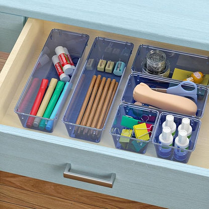 WOWBOX 12 Pack Clear Drawer Organizer Set, Acrylic Drawer Storage Trays, Storage Bins for Makeup, Cosmetics, Jewelries, Utensils, Gadgets, Office, Dark Blue - Image 5
