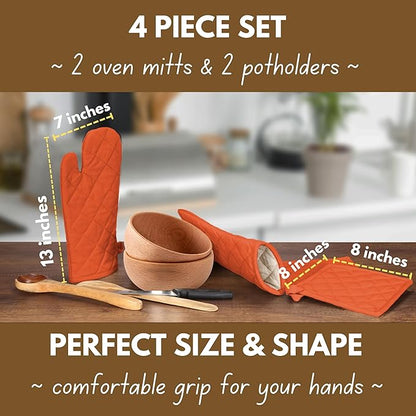 Native Fab 4 Piece Set - 2 Oven Mitts & 2 Potholders, Heat Resistant, 100% Cotton, Quilted Design, Non-Slip Grip, Machine Washable, Ideal for Baking, Cooking, BBQ, Kitchen Protection - Orange - Image 3