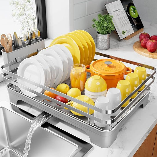 Kitsure Dish Drying Rack - Multi-Functional Dish Rack for Kitchen Counter with Cutlery Holder, Rust-Proof Storage Solution with Rotatable, 15.7" x 12.0" x 5.5", Sliver Grey by Kitsure