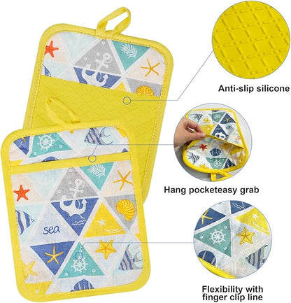 Alselo Oven Mitts and Pot Holders with Chef Apron,Set of 5 Heat Resistant Kitchen Gloves and Silicone Non-Slip Potholders Adjustable Neck Buckle Apron, Cotton Nice Design for Cooking (Sea Fish)