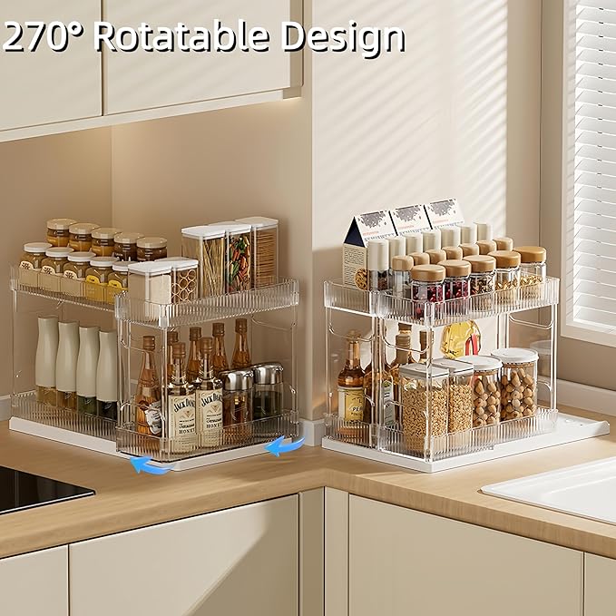 Mustorn Pull Out Spice Rack Organizer for Cabinet, Rotatable 2 Tier Slide Out Seasoning Organizer and Storage Adhesive Vertical Spice Rack Shelf Pullout for Kitchen Cabinets(2 Drawer, Acrylic) - Image 3