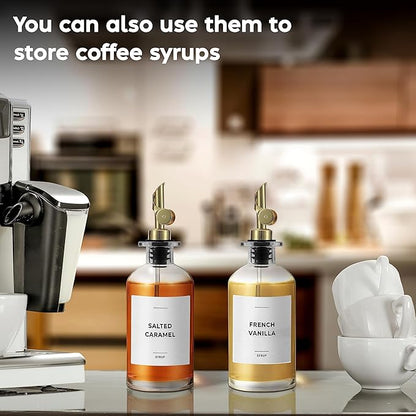 Spaceneat Oil Dispenser for Kitchen - Glass Olive Oil Bottle Set of 4 (11.8oz) with Gold Weighted Self-Closing Pourer - Cooking Oil Dispenser with 66 Labels, Aligner & Funnel