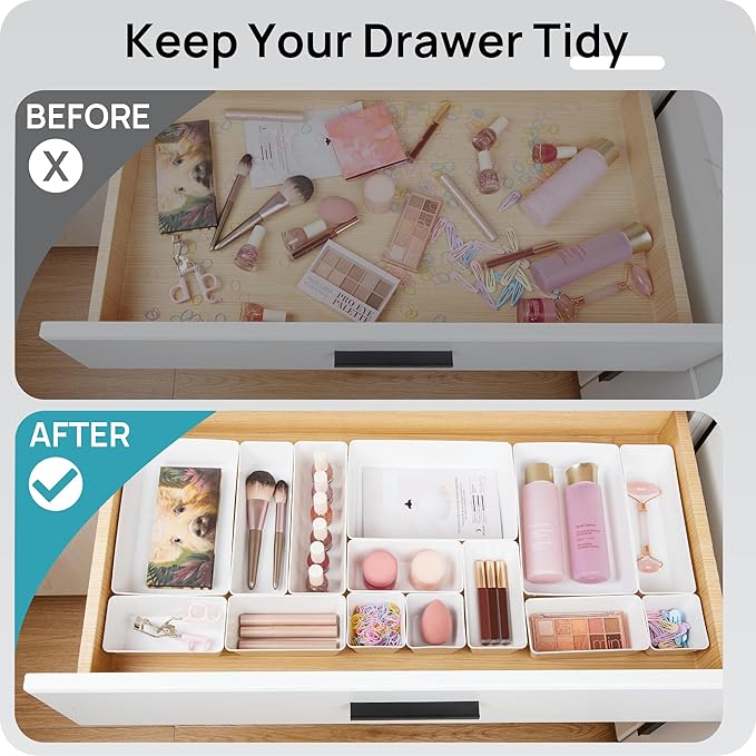 Vtopmart 44 PCS Plastic Drawer Organizers Set, 4-Size Versatile Bathroom and Vanity Organizer Trays, Non-Slip Storage Containers for Makeup, Jewelries, Bedroom，Kitchen Utensils and Office, White - Image 3