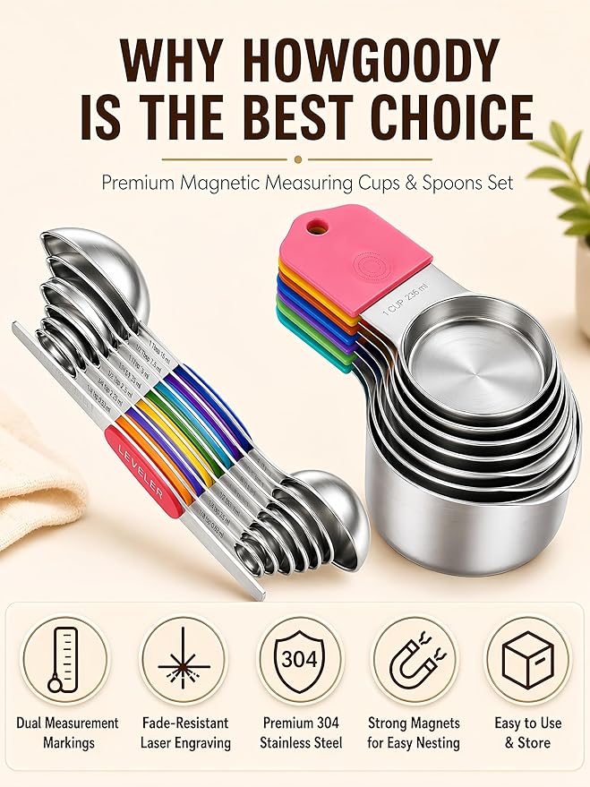Magnetic Measuring Cups and Spoons Set304 Stainless Steel Dual Scale Set of 15, Strong N52 Magnetic Nesting Design with Leveler, for Dry&Liquid Ingredients, Dishwasher Safe(Colorful) - Image 2