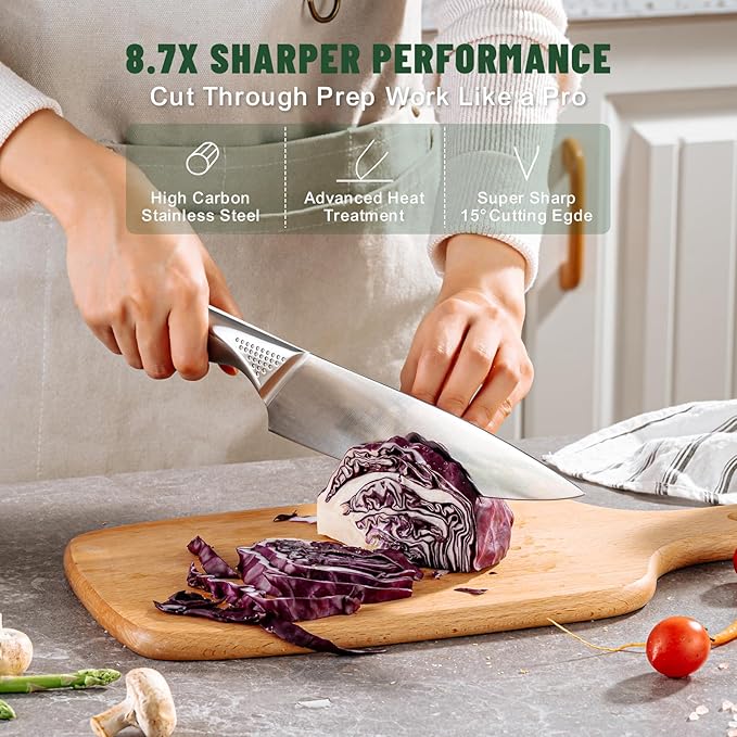 Knife Set, EWFEN 14-Piece Kitchen Knife Set with Block, German Stainless Steel Knives with Built-in Knife Sharpener, Anti-Slip Sharp Knives Set for Kitchen, Dishwasher Safe, Concave-dotted Handle - Image 4