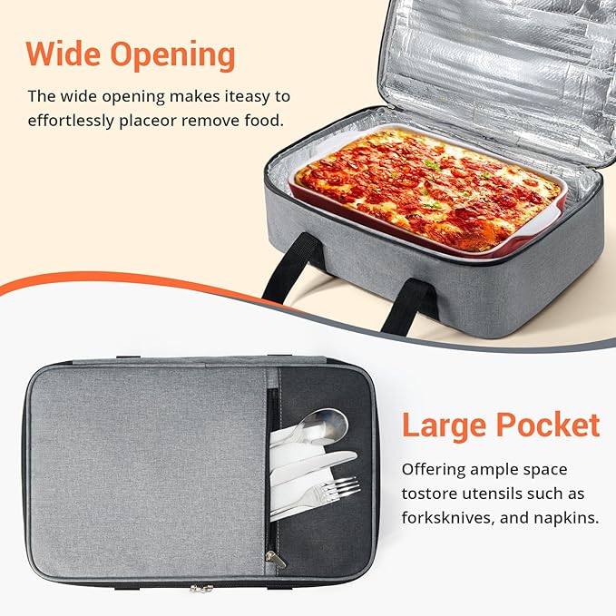 Insulated Casserole Carrier for Hot or Cold Food,Pie Carrier Bag Lunch Tote for Potluck Parties/Picnic/Cookouts, Fits 9"x13" Baking Dish,Grey