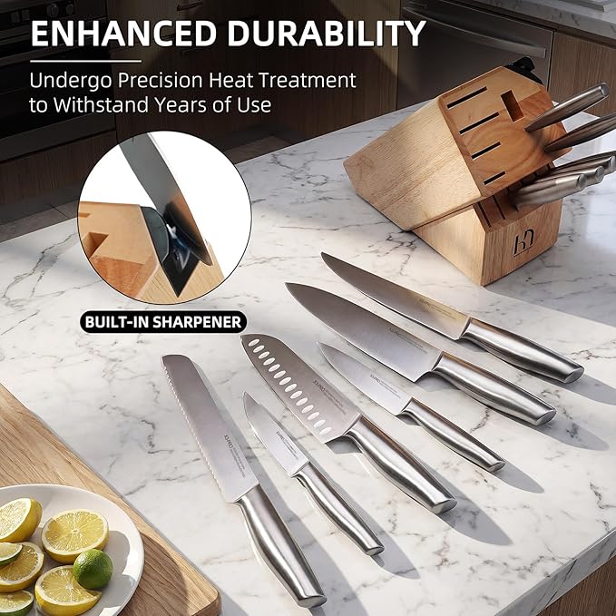 KnifeSaga Knife Set, Premium Knife Block Set for Kitchen 14 Pcs UltraSharp Japanese High Carbon Stainless Steel with Block and Built-in Sharpener, Kitchen Knives Set with Non-serrated Steak Knives - Image 5