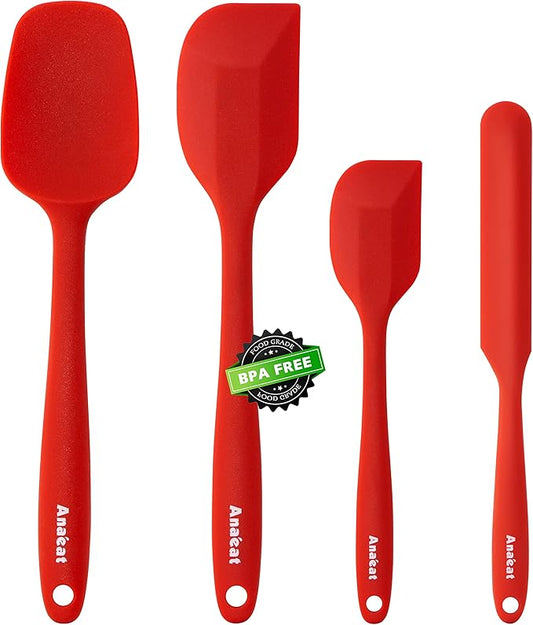 Anaeat 4 Piece Silicone Spatula Set - Seamless One-Pieces Design, Non-Stick Rubber Spatulas Kitchen Scraper for Baking, Cooking, Scraping & Mixing, Heat Resistant & BPA Free & Dishwasher Safe (Red)