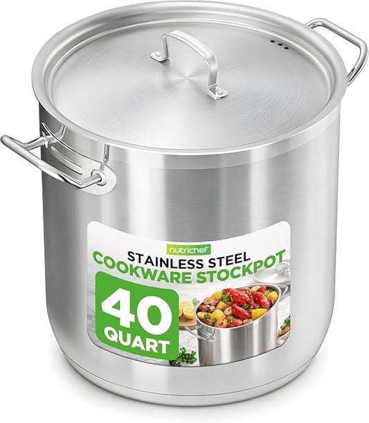 NutriChef Stainless Steel Stock Pot with Lid 40 Qt | Non-Reactive 8/8 Interior Induction Pot with Even Heat Base | Compatible with Gas, Ceramic, and Halogen Cooktops | 500°F Max, 20.45 x 15.3 Inches