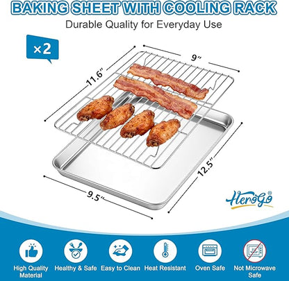 Herogo Stainless Steel Baking Sheet with Wire Rack Set(2 Pans + 2 Racks), 12.5×10×1 Inch Rectangle Cookie Sheet Bakeware Set for Oven, Heavy Duty & Dishwasher Safe- Medium