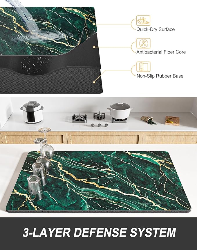 Rnivvi Dish Drying Mat for Kitchen Counter, XL 15 x 24" Cute Marble Absorbent Draining Pad, Non-Slip Heat Resistant Coffee Bar Mats for Coffee Machine Station Accessories, Green Gold Dish Rack Pad - Image 4