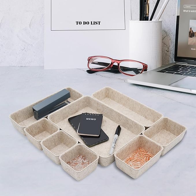 Welaxy Desk Drawer Organizer Tray, 8-Piece Beige Office Storage, Nordic Minimalist Lifestyle (Oatmeal) - Image 4