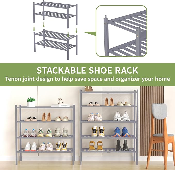 ROMGUAR CRAFT 4 Tier Bamboo Shoe Rack for Closet Free Standing Wood Shoe Shelf for Entryway Small Space Stackable 27"x11"x26" (Grey) - Image 5