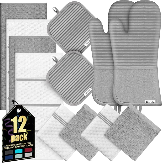 Oven Mitts Kitchen Towels and Dishcloths with Pot Holders Sets, Oven Gloves Hot Pads 500°F Heat Resistant with Silicone Grip, Include 2 Cooking Gloves/2 Potholders/4 Kitchen Towels/4 Dish Towels-Gray by KacNacPro