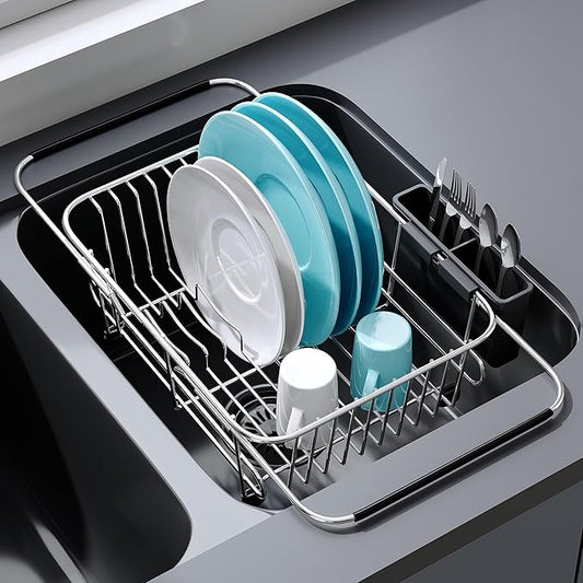 Apartment RV Small Dish Drainer Drying Rack Over The Sink In Stainless Steel for Narrow Kitchen, Counter Space Saving Compact Expandable Metal Plate Dryer Strainer, Modern Above Wire Drain Holder by JASIWAY