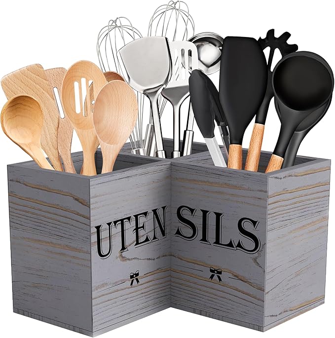 Suli Extra Large Kitchen Utensils Holder with 3 Compartments,Corner Shelf,Wooden Utensil Organizer for Kitchen Countertop, Farmhouse Decor, Rustic Cooking Utensil - Grey grain by Suli