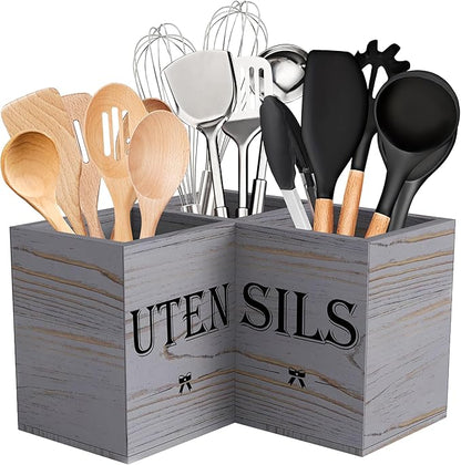 Suli Extra Large Kitchen Utensils Holder with 3 Compartments,Corner Shelf,Wooden Utensil Organizer for Kitchen Countertop, Farmhouse Decor, Rustic Cooking Utensil - Grey grain by Suli