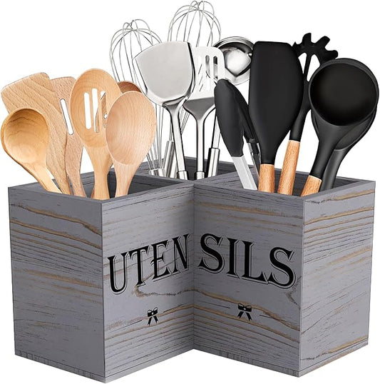Suli Extra Large Kitchen Utensils Holder with 3 Compartments,Corner Shelf,Wooden Utensil Organizer for Kitchen Countertop, Farmhouse Decor, Rustic Cooking Utensil - Grey grain by Suli