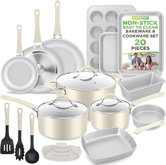 NutriChef 20-Piece Non-Stick Bakeware and Cookware Set - Utensils Including Pots and Baking Pans Made with Durable Aluminum, Tempered Glass Lids, Heat-Resistant Utensils, Easy-Clean Design (White) by NutriChef%E2%84%A2Kitchen